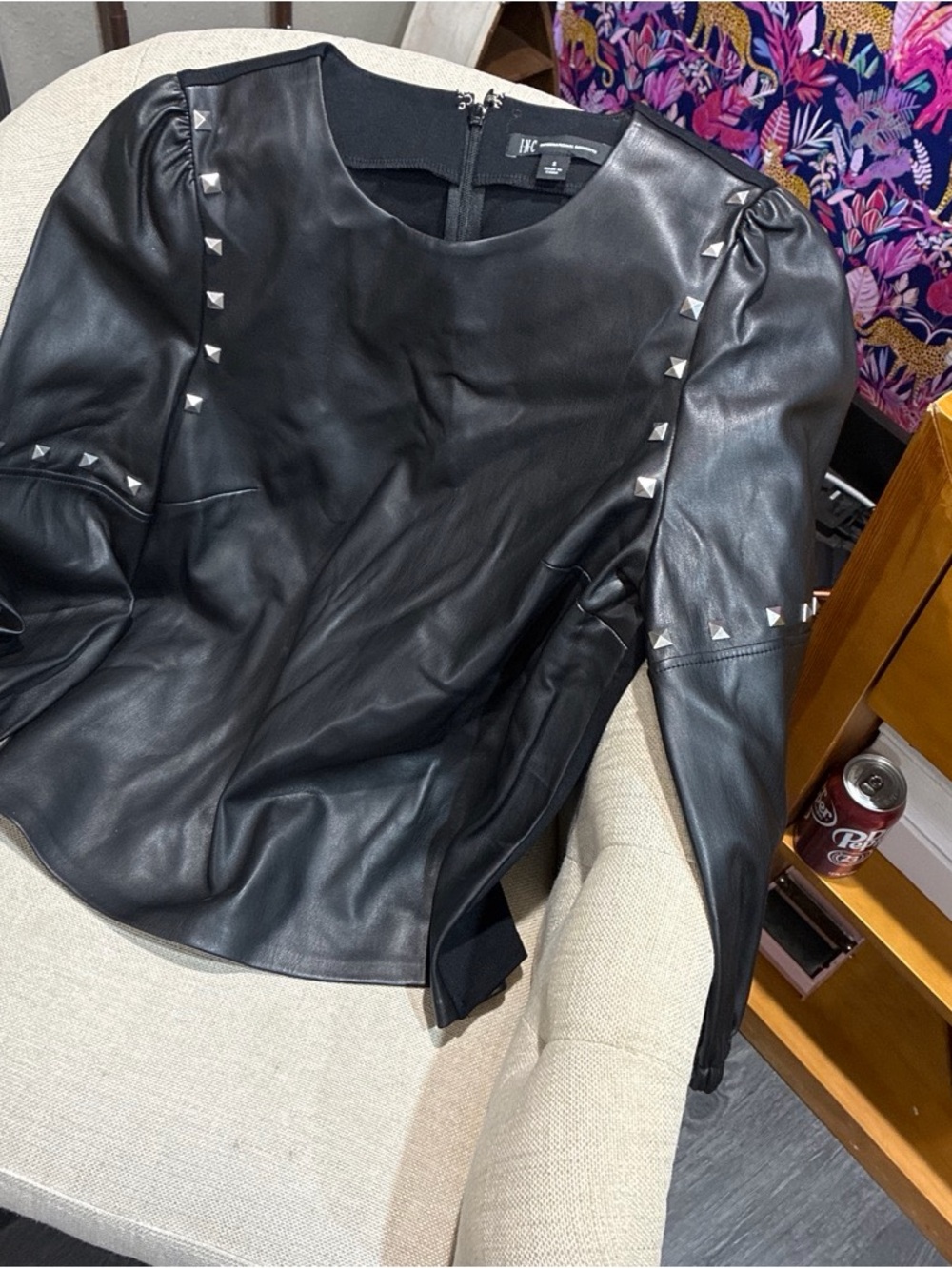 INC International Concepts Black Faux Leather Stud-Accent Pullover Jacket